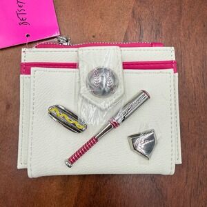 Betsey Johnson Hit Me Up Bifold Wallet White Pink Baseball Charms BJ36515A NEW
